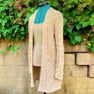 Leo & Nicole Cardigan M Tan Open Front Long Sweater Crochet Boho Duster Neutral
